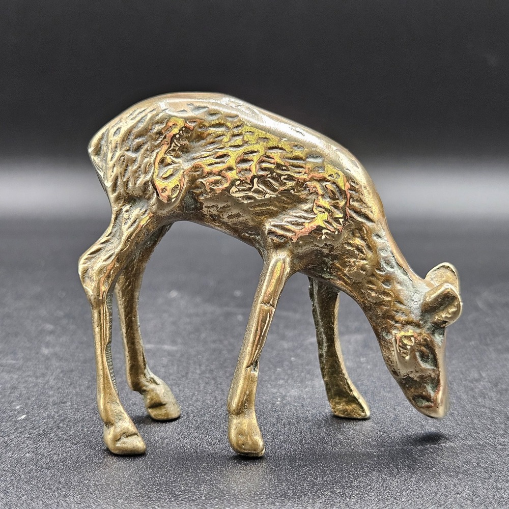 Vintage Solid Brass Grazing Fawn Deer Figurine Mid Century Modern Woodland Decor - Picture 3 of 8